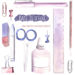 Hand drawn watercolor illustration painted set of objects isolated white background back to school supplies stationery pastel pink purple colors - 199469513