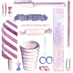 Hand drawn watercolor illustration painted set of objects isolated white background back to school supplies stationery pastel pink purple colors - 199469515