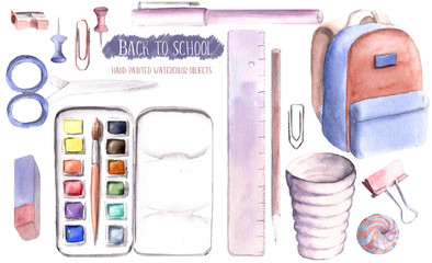 Hand drawn watercolor illustration painted set of objects isolated white background back to school supplies stationery pastel pink purple colors - 199469525