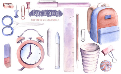 Hand drawn watercolor illustration painted set of objects isolated white background back to school supplies stationery pastel pink purple colors - 199469529