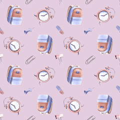 Hand drawn watercolor illustration seamless pattern back to school supplies alarm clock bag backpack paper clip pin - 199469533