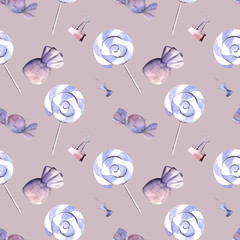 Hand drawn watercolor illustration seamless pattern pastel sweets candies lollipop hand painted white back to school paper clip pin pink background - 199469546