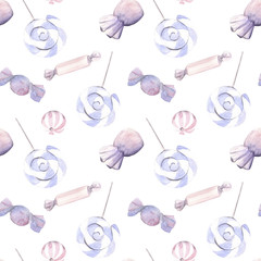 Hand drawn watercolor illustration seamless pattern pastel sweets candies lollipop hand painted white - 199469560