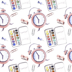 Hand drawn watercolor illustration seamless pattern alarm clock back to school paints box paper clips pencil sharpener pin white background - 199469568