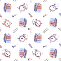 Hand drawn watercolor illustration seamless pattern back to school supplies alarm clock bag backpack paper clip pin white background - 199469582