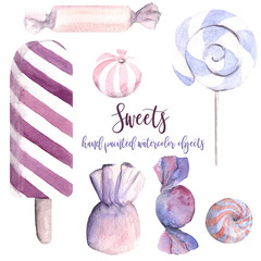 Hand drawn watercolor illustration sweets candies lollipop ice cream popsicle bonbons chocolate striped pastel colors hand painted - 199469586