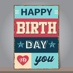 Vintage Happy Birthday with grunge and rusty background. Design template for poster, flyer, banner, greeting or invitation card. Retro style.