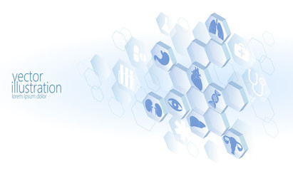 Hexagon medical flat icon set. Ambulance innovation medicine center poster business design element. Isometric 3D abstract composition blue glowing vector illustration