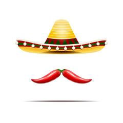 Vector illustration of mexican sombrero and chili peppers isolated.