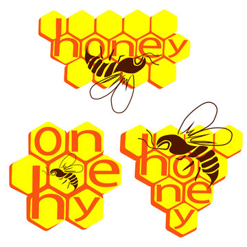 The inscription "Honey" and a bee against the background of bee honeycombs