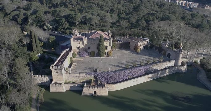4K drone footage of a 360 drone flight around an old manor house of the catalan bourgeoisie near Barcelona