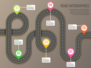 Infographics template with road map using pointers. Top view vector elements. Road trip. Business and journey infographic design template with flags. Winding road on a brown background