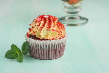 Cake with mint on light background, close-up