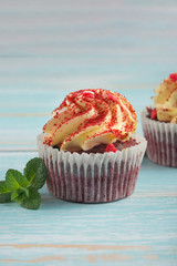Cake with mint on light background, close-up