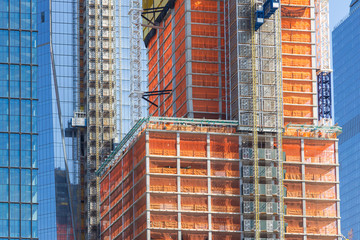 Facade of skyscrapers during construction, New York.