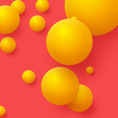 3d yellow balls on the red background. Abstract floating spheres background. Vector illustration.
