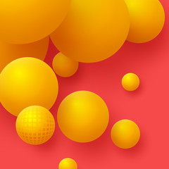 3d yellow balls on the red background. Abstract floating spheres background. Vector illustration.