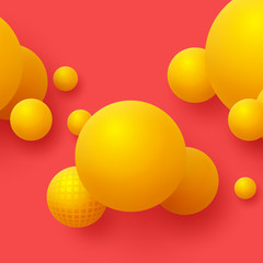 Abstract floating spheres background. 3d yellow balls on the red background. Vector illustration.