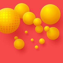 Abstract floating spheres background. 3d yellow balls on the red background. Vector illustration.