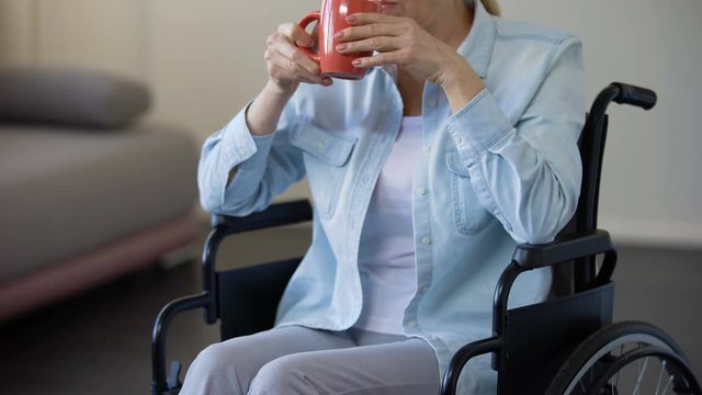 Senior woman in wheelchair drinking tea, pensioner relaxing at home, leisure