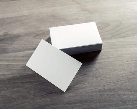 Photo of blank business cards stack. Template for branding identity.