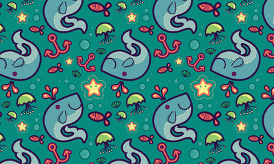 Whales pattern background. with jellyfish, fish and sea shells