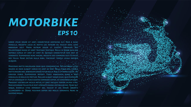 Motorcycle from of particles. The bike consists of dots and circles. Blue motorcycle on a dark background.