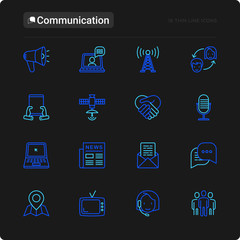 Communication thin line icons set: e-mail, newspaper, letter, chat, tv, support, video call, microphone. Modern vector illustration for black theme.
