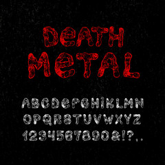 DEATH METAL font. Craft vintage typeface design. Fashion type. San serif alphabet. Pop modern display vector letters. Drawn in graphic style. Set of Latin characters, numbers, punctuation.