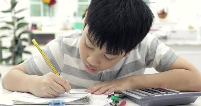 Asian child reading calculating and writing to do homework at home.