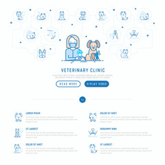 Veterinary clinic concept: doctor and dog with broken leg. Thin line icons: protective collar, injection, cardiology, cleaning of ears, teeth, shearing claws. Vector illustration, web page template.