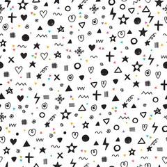 Abstract seamless pattern with different design elements. Modern stylish texture. Trendy, cute, hand drawn background. Geometric shapes