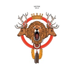 Deer with crown and dream catcher. vector illustration