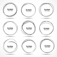 Set of 9 Hand Drawn Scribble Circles. Vector illustration.