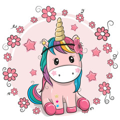 Greeting card Unicorn with flowers on a pink background