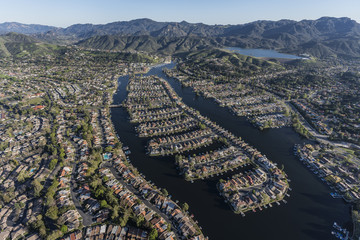 Aerial view of lake front homes around Westlake Island in the Thousand Oaks and Westlake Village communities near Los Angeles, California.