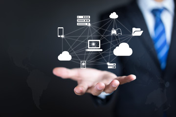 Businessman working with a cloud computing diagram. connect to cloud, cloud computing concept.