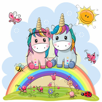 Fototapeta Two Cartoon Unicorns are sitting on the rainbow