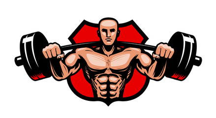 Gym, bodybuilding, sport logo or label. Bodybuilder with heavy barbell in hands. Vector illustration