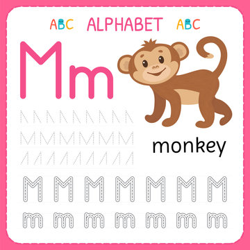 Alphabet tracing worksheet for preschool and kindergarten. Writing practice letter M. Exercises for kids