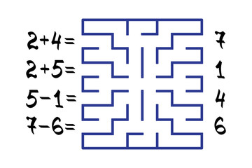 Maze with numbers for children on the white background. Find the path to the correct answer. Vector flat illustration