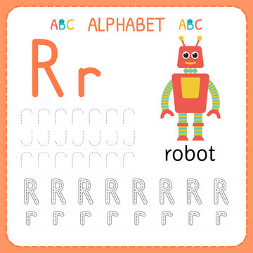 Alphabet tracing worksheet for preschool and kindergarten. Writing practice letter R. Exercises for kids