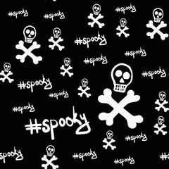 Stylized skulls seamless pattern on black backdrop with spooky hash tag, vector endless design