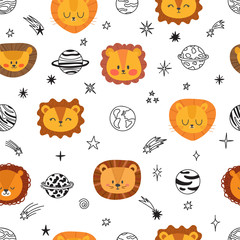 Cute space seamless pattern with cartoon lions. Abstract print. Hand drawn nursery background with funny animals for little kids