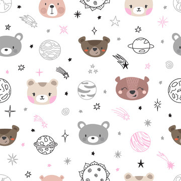 Cute space seamless pattern with cartoon bears. Abstract print. Hand drawn nursery background with funny animals for children