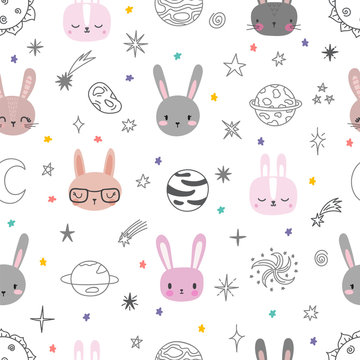 Cute space seamless pattern with cartoon bunnies. Abstract print with animals. Hand drawn nursery background with funny rabbits for little kids