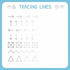 Obraz premium Tracing lines. Working pages for children. Preschool or kindergarten worksheets. Basic writing. Trace the pattern. Worksheet for kids