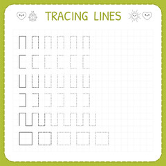 Tracing lines. Worksheet for kids. Working pages for children. Preschool or kindergarten worksheets. Trace the pattern. Basic writing