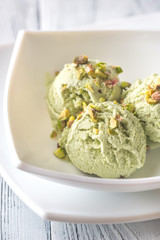 Pistachio ice cream in the bowl