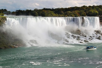 Niagara fall Horseshoe. Ontario. Canada. Beautiful waterfall on blue sky and white clouds background.